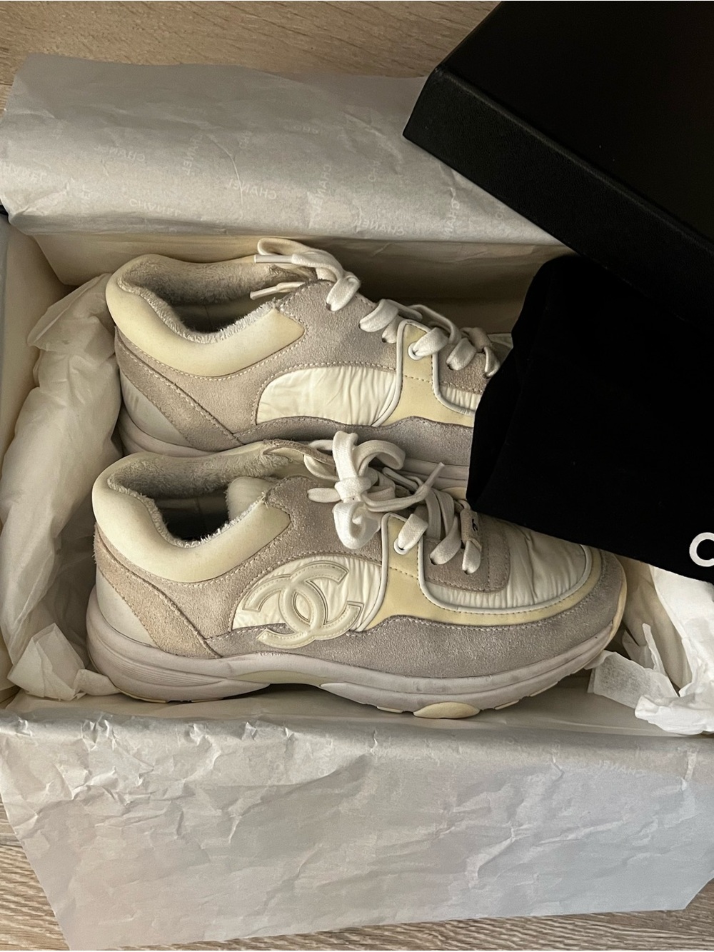 CHANEL Cream and Ivory Low-Top Sneakers